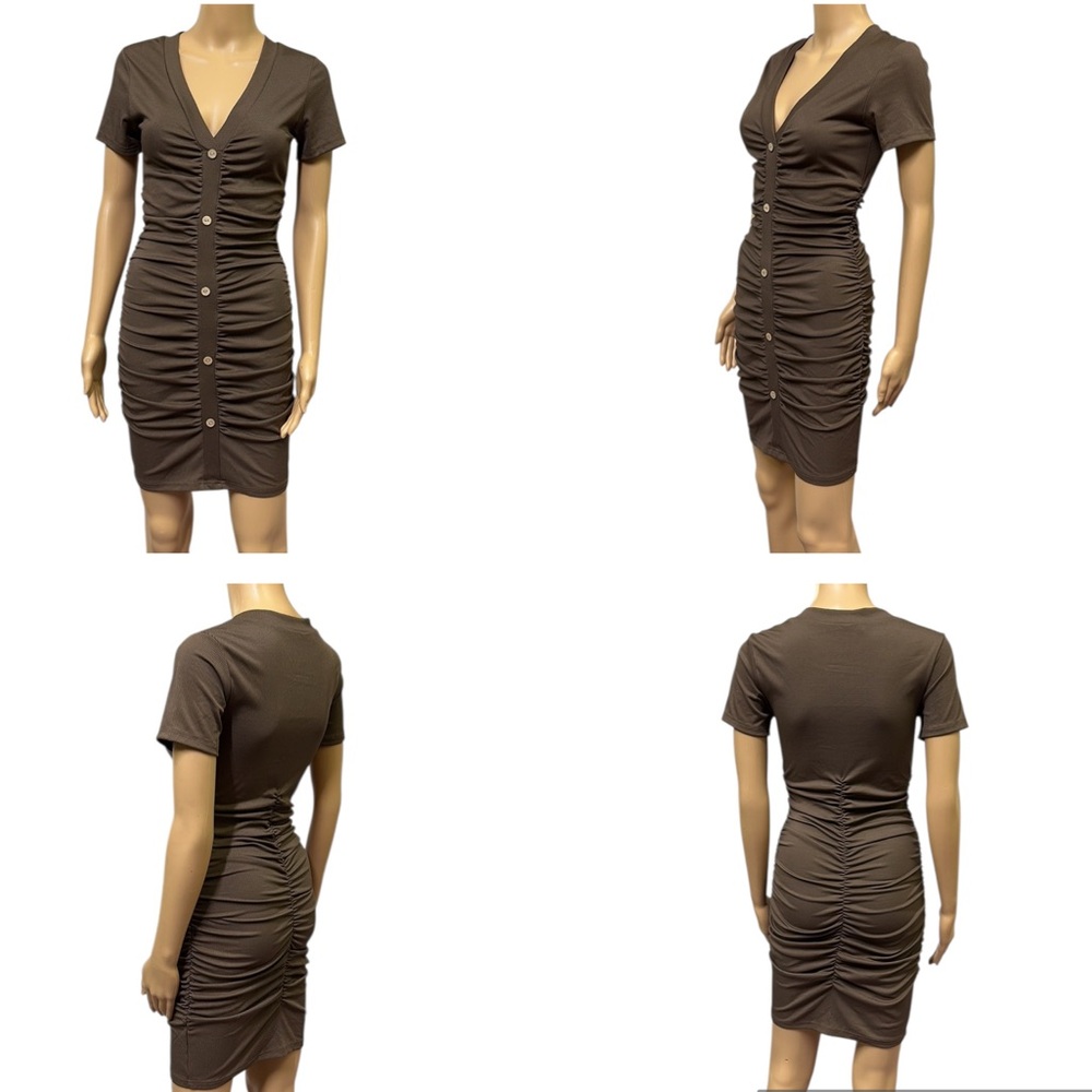 Beyove Ruched Brown Bodycon Ribbed V Neck Button Front Short Sleeve Mini Dress S